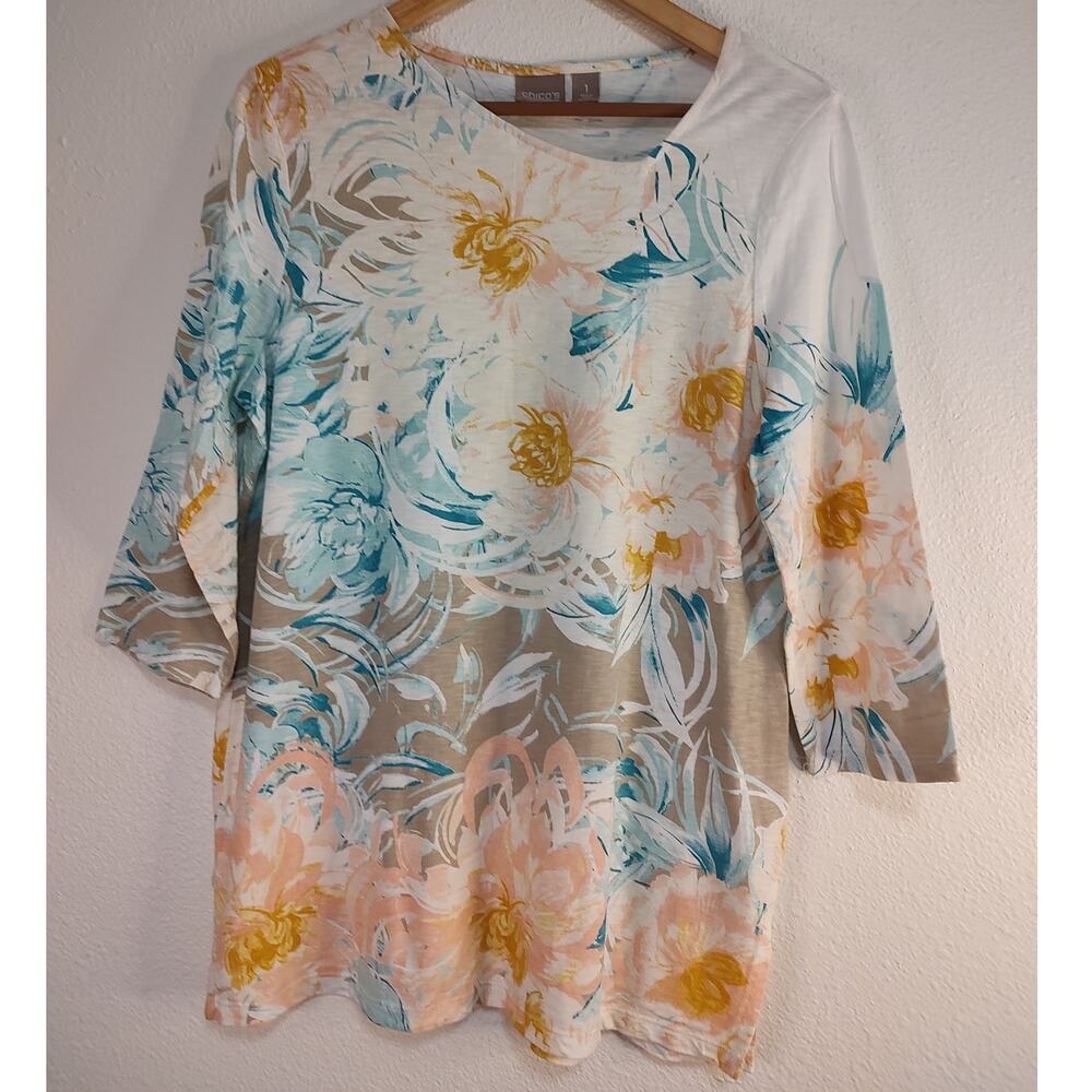 Chico's White Yellow Teal Floral Asymmetrical Neck 3/4 Sleeve T-Shirt Size 1